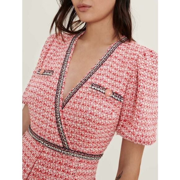 Maje Tweed Mini Dress V Neck with Ethnic Trim‎ women’s size 2 recycled polyester - Picture 2 of 16